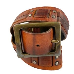 Wide Distressed Brown Leather Belt Brass Buckle Riveted Woven Panels Boho Chunky